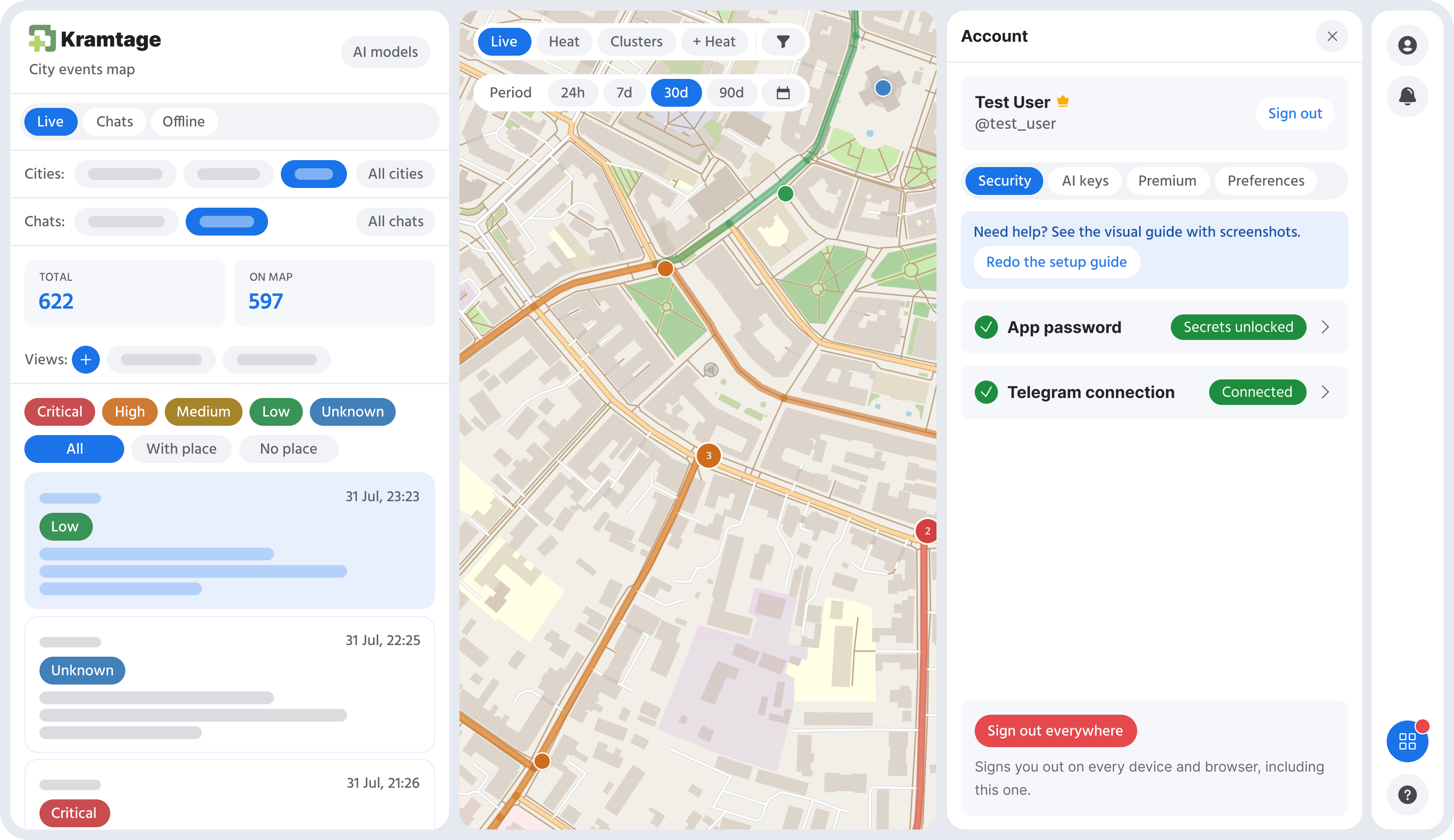The account panel, showing where a Telegram reader is connected