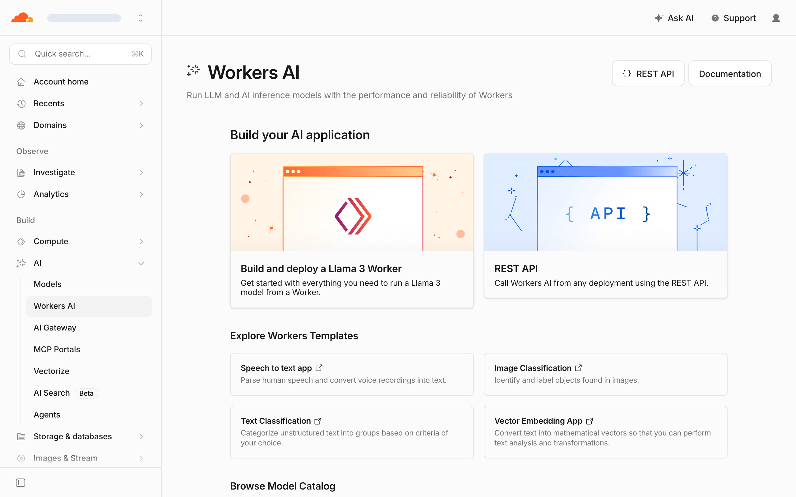 On the Workers AI page, pick the REST API card, not the Llama 3 Worker one