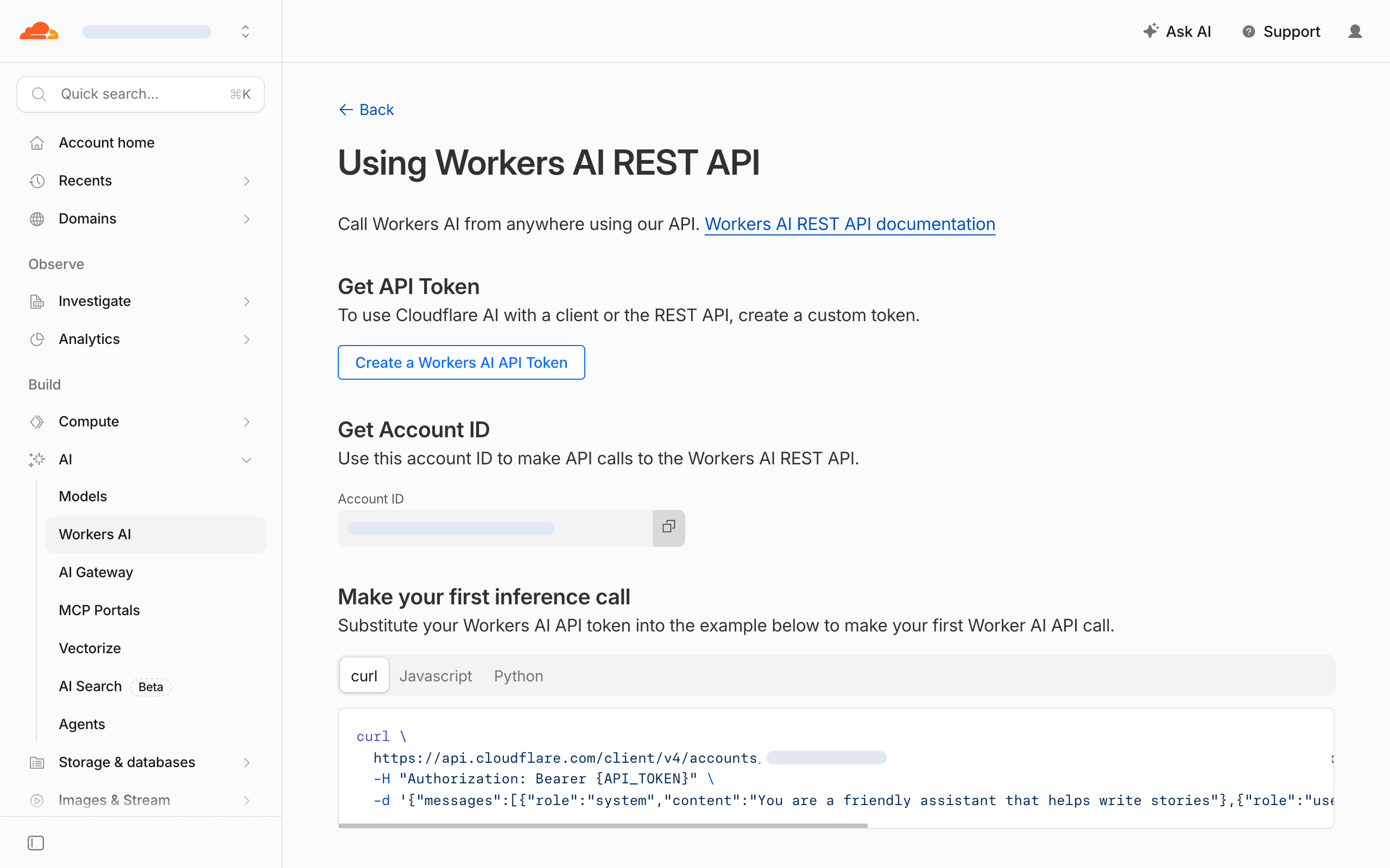 Click "Create a Workers AI API Token". The Account ID you need later is on this same page