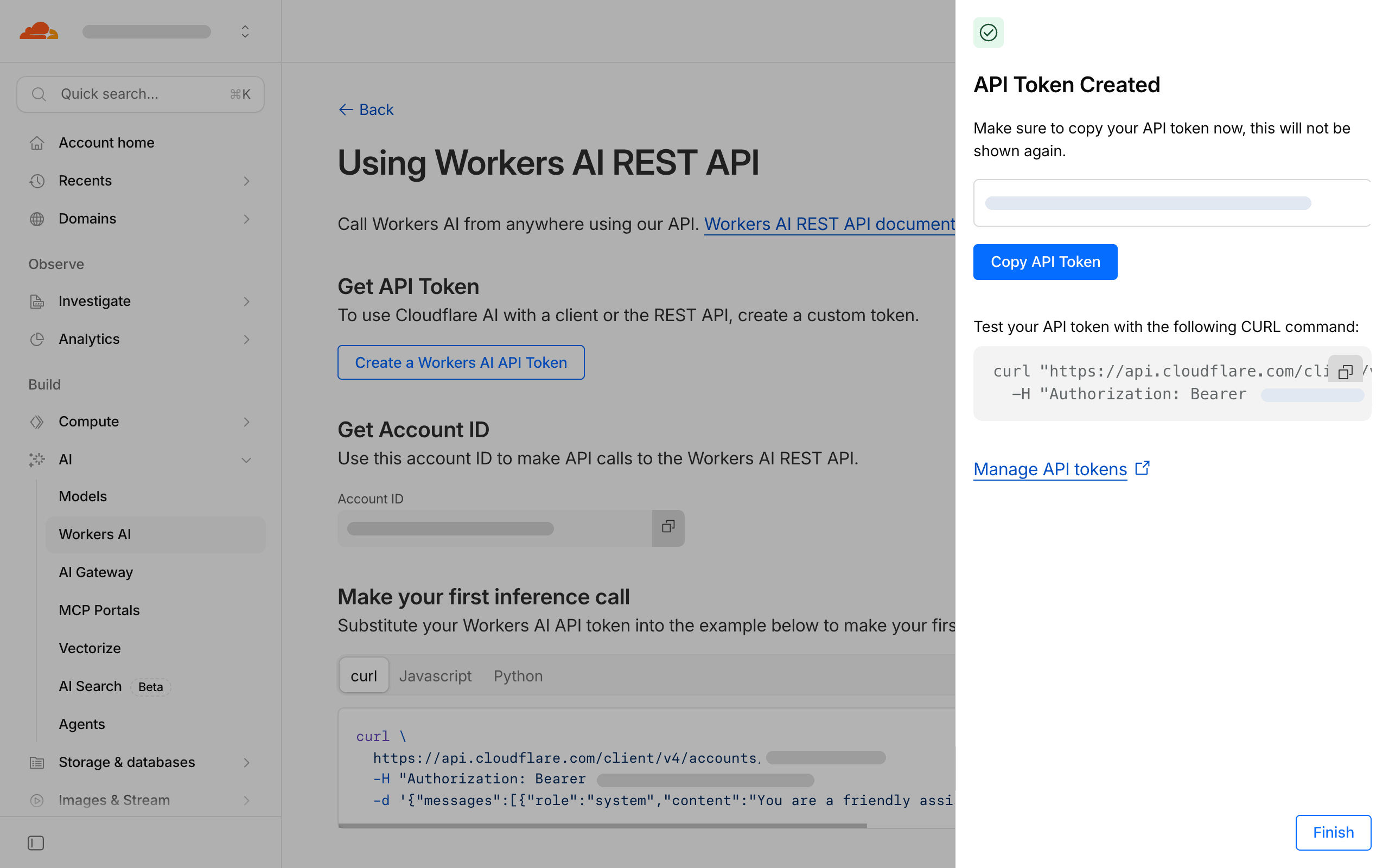 Copy the token from the panel, and the Account ID from the page behind it