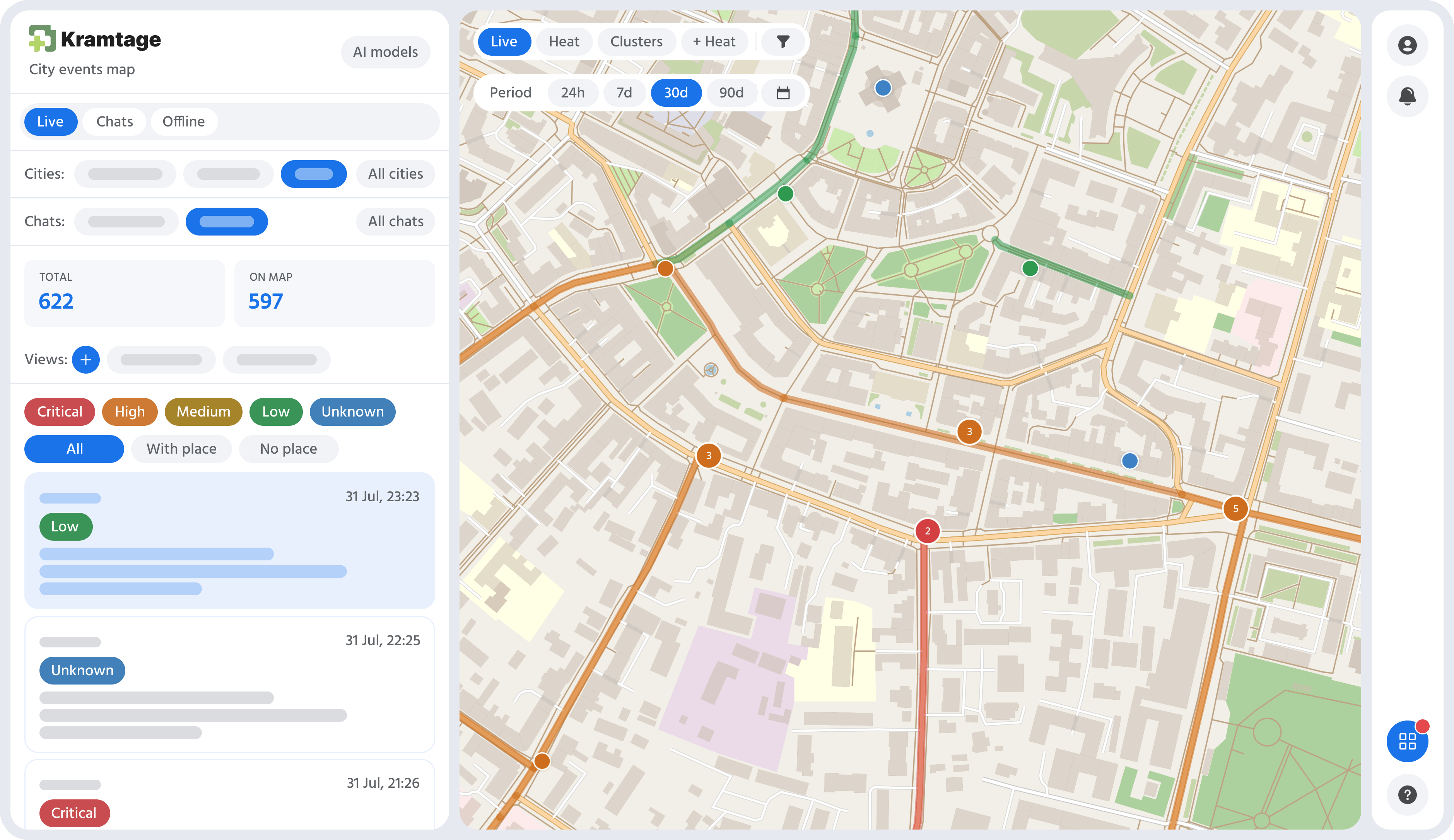 The Kramtage map showing event pins across a city, with a few still loading as skeleton placeholders.