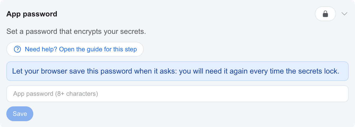 Account panel, app password field with the Unlock button