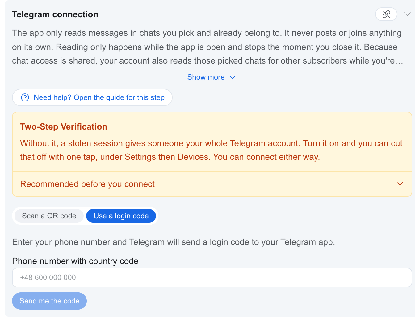 Login code screen in the account panel, with the phone number field