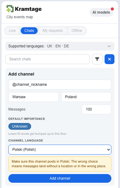 Chats tab with the Add channel form filled in