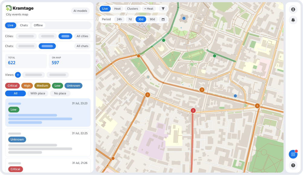The Kramtage map showing event pins across a city, with a few still loading as skeleton placeholders.